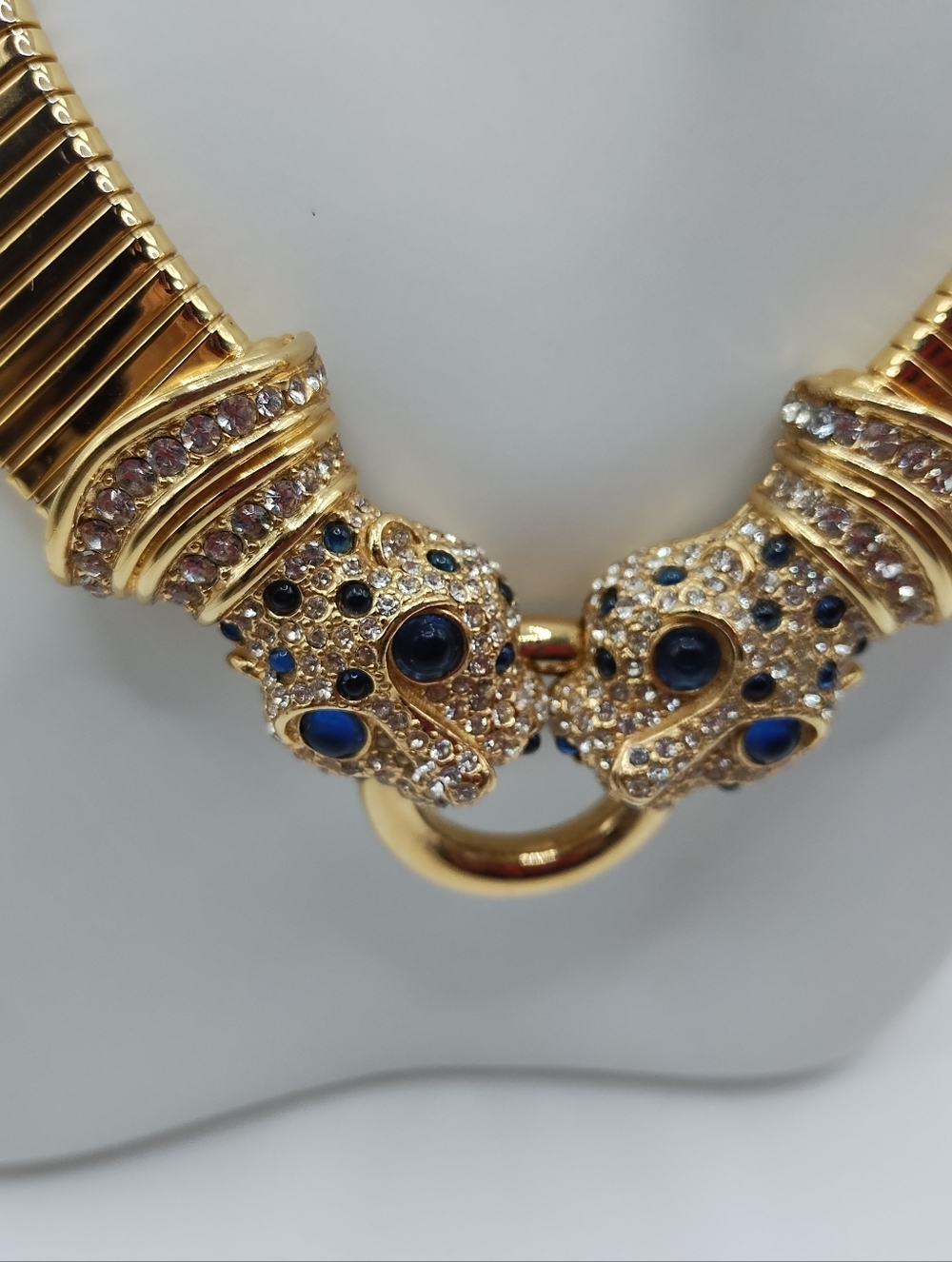 Vintage Ciner Double Panther Omega Necklace With The Rarest Blue Eyes - Picture 4 of 9